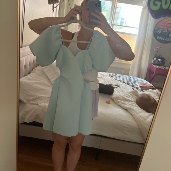 ASOS DESIGN puff sleeve cut out channelled aline mini dress in mint - Picture 2 of 6